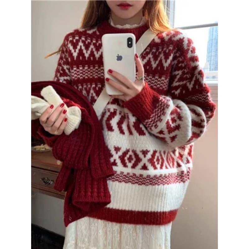 christmas sweater mardi sweater 5163#复古新年毛衣女秋冬加厚慵懒圣诞风设计感宽松软糯针织衫