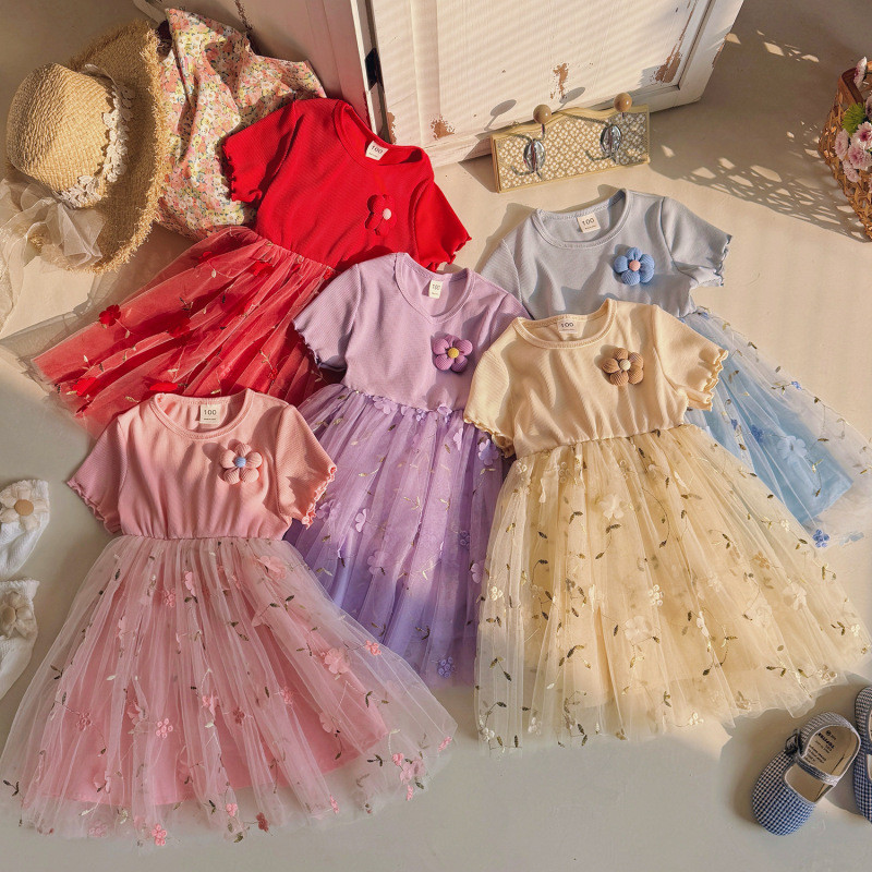 2025 สาว 3D ดอกไม้ Tulle ชุดคอกลมแขนสั้น Tutu ชุดเจ้าหญิงหวานฤดูร้อน P