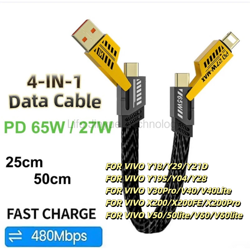 65W USB Data Cable 4 in 1 Multifunctional Type C Fast Charging สําหรับ VIVO Y18 Y29 Y21D Y19S Y04 Y2