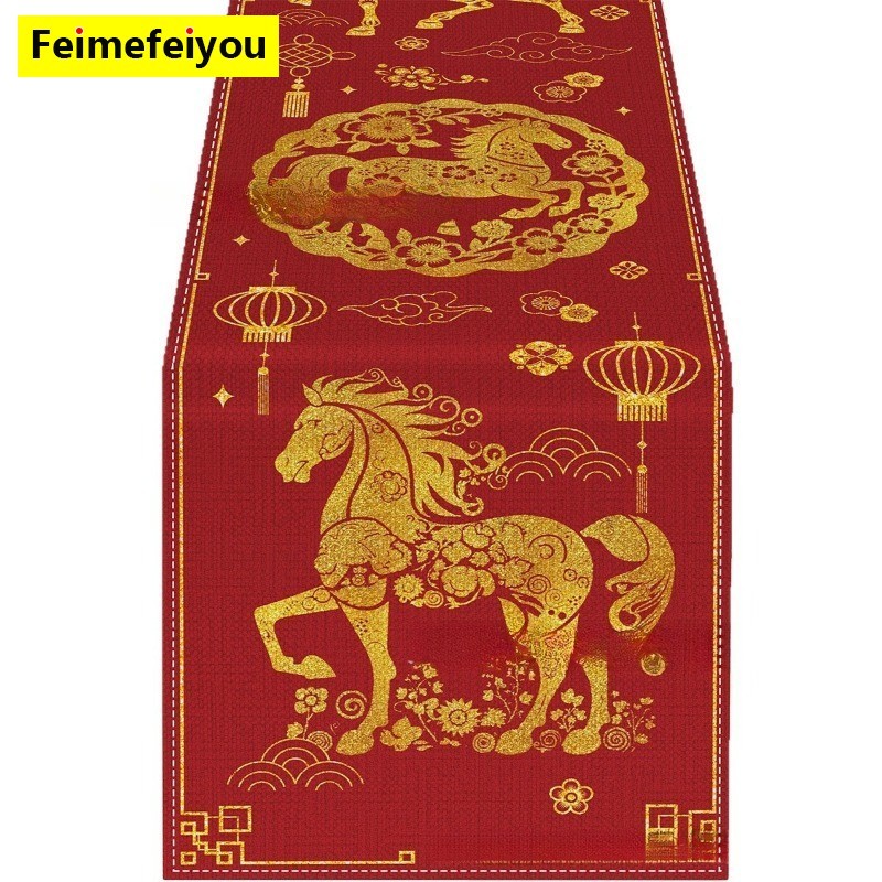 33* 275 ซม.CNY แบนเนอร์ตาราง CNY ตกแต่ง 2026 สุขสันต์วันตรุษจีนตกแต่งรายการเทศกาลผ้าลินินผ้าปูโต๊ะ