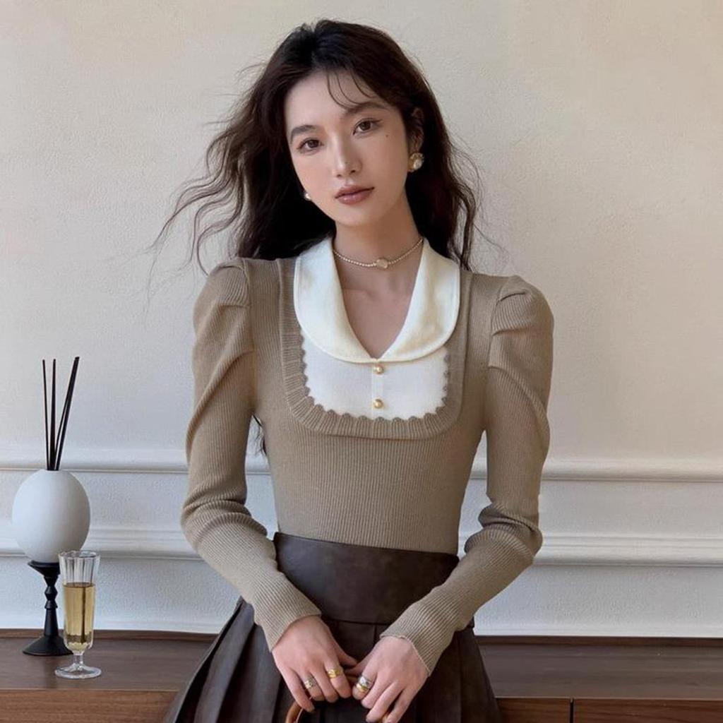 Baby Grape.#D612 เสื้อถักคอวีแขนยาว สวย เรียบ หรู ดูทันสมัย ​​สไตล์เกาหลี