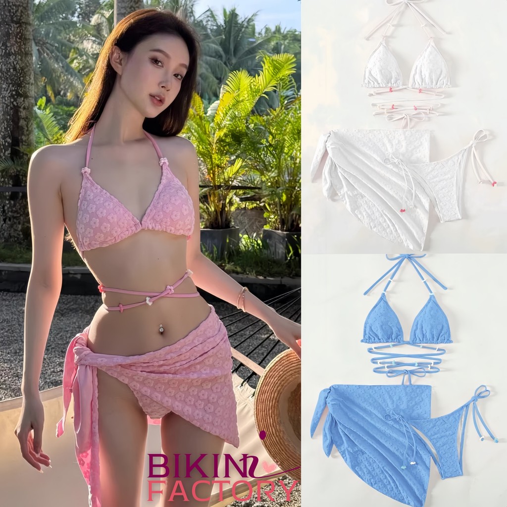 BIKINI FACTORY บิกินี่น่ารัก ชุดชายหาดเซ็ท บิกินี่สามเหลี่ยม 🍑 ไซต์ M-XL นน 38-58 Kg  ประดับลูกปัดดอกไม้น่ารัก Y013