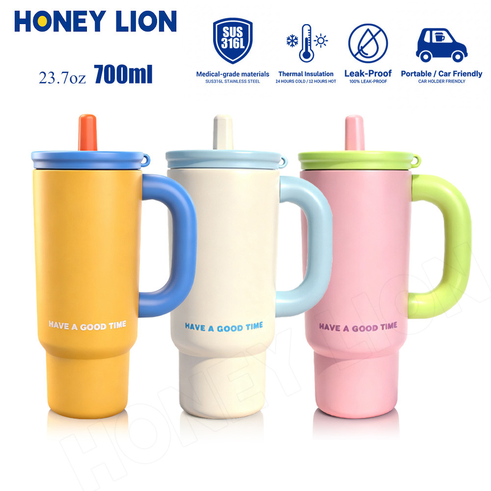 HoneyLion กระติกน้ำสแตนเลส 700ml เก็บน้ำแข็งได้ 24ชม. กันรั่ว - มีหลอดหดได้ พกพาง่าย สำหรับยิม ที่ทำงาน และรถ