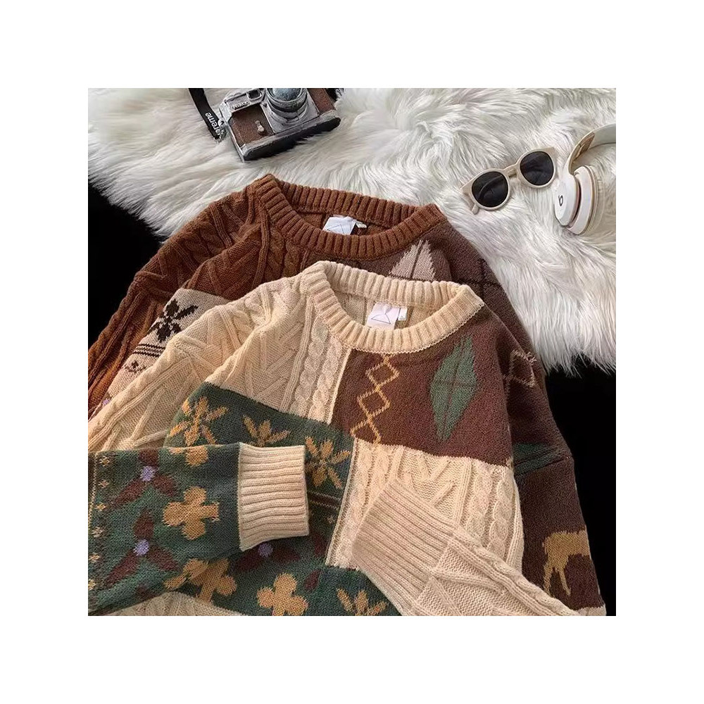 christmas sweater เสื้อสเวตเตอร์สีคอนทราสต์วินเทจสำหรับผู้ชายเสื้อสเวตเตอร์แฟชั่นคริสต์มาสไซส์ใหญ่ทร