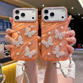 3D วางผีเสื้อมุก IMD สีส้ม Hard Case สําหรับ iPhone 11 12 13 14 15 16 17 Pro Max Plus ปลอก Anti fall ป้องกันสําหรับ iPhone17Promax กรณี