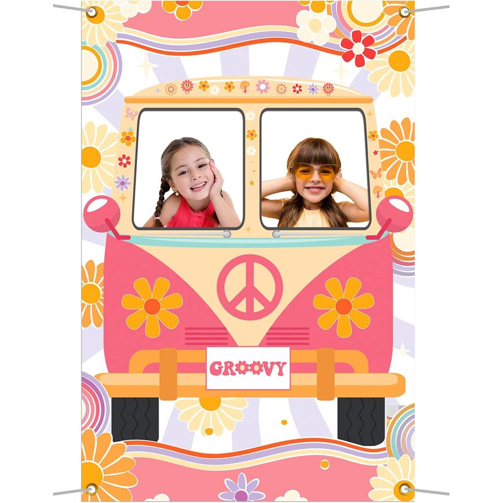 Hippie Photo Booth Props, Hippie Bus Prop Groovy Bus Photo Booth สําหรับ 60S 70S Party ตกแต่ง, Daisy