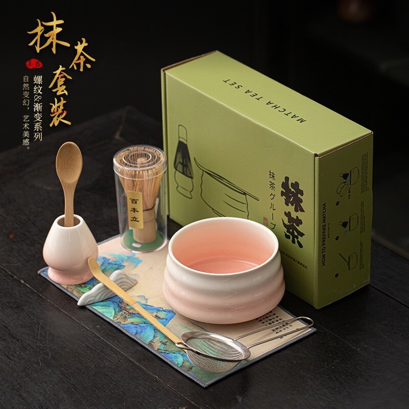 Threaded Gradient Ceramic Matcha EightPiece Set Japanese Style Tea Ceremony Large Matcha Bowl Tea Sh