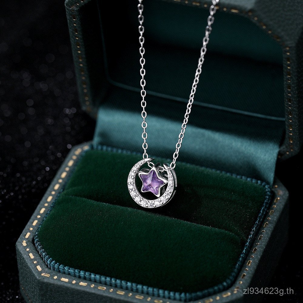 สร้อยข้อมือเงินสเตอร์ลิง S925 สไตล์กระดูกไหปลาร้า สีม่วง พร้อมคริสตัล Starry Sky Moon Star และเซอร์โ