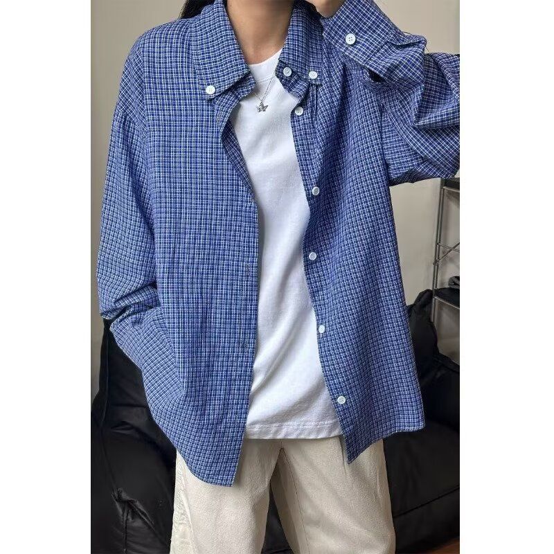 gq เสื้อเชิ้ต mave.matters เสื้อเชิ้ตลายสก็อตสีฟ้าทรงหลวมสไตล์วินเทจสไตล์อเมริกันเสื้อเชิ้ตคอปกแขนยา