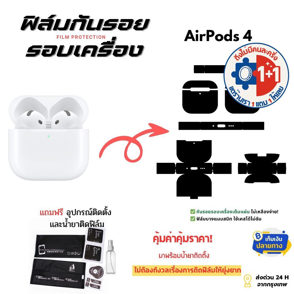 ฟิล์มกันรอย AirPods 4 [ตรงรุ่น] ฟิล์มกันรอยรอบตัวเคส AirPods 4 (ไม่ใช่กระจก)