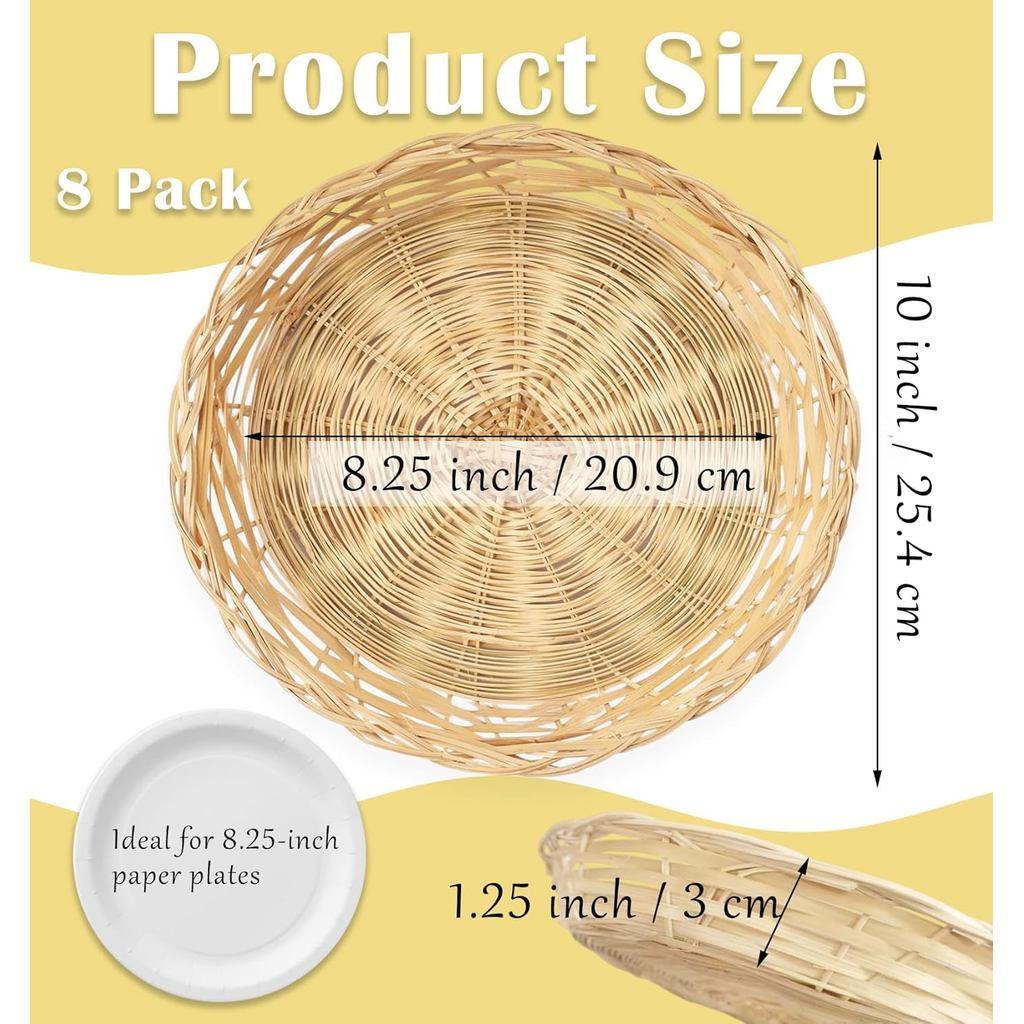Cheardia 8 Pack Bamboo Paper Plate Holders, 10 Inches Reusable Wicker Charger Plates for Dinner Plat