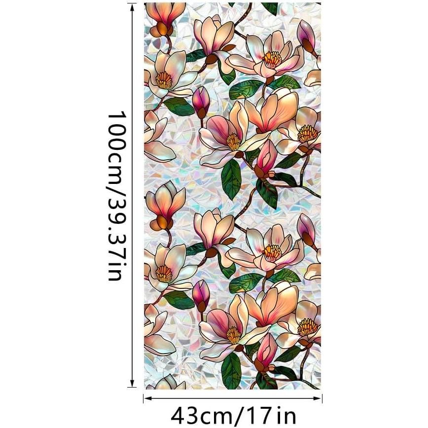 Window Film, Decorative Magnolia Flowers Stained Static Glass Window Clings Stickers for Home Office