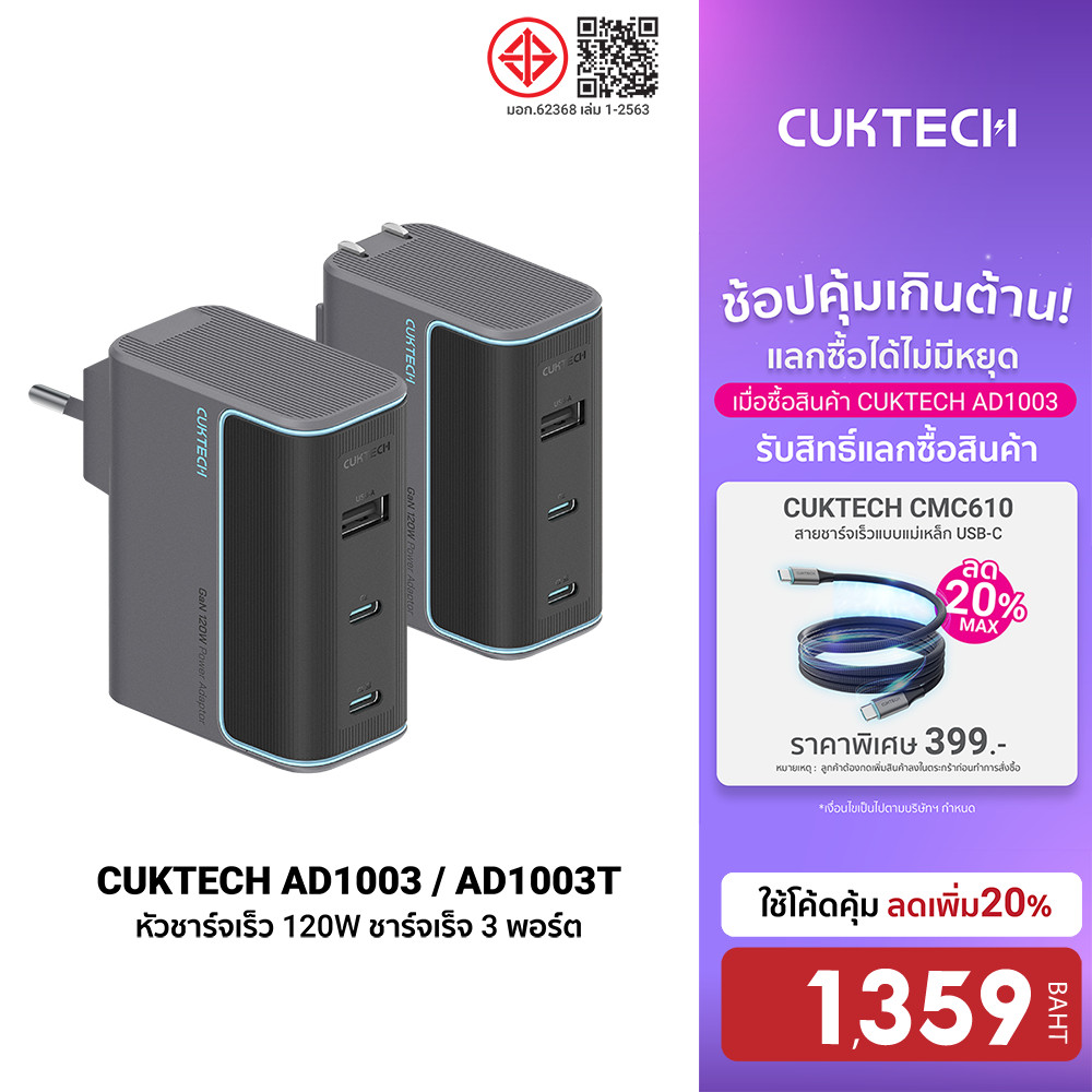 [ลดเหลือ 1359] CUKTECH GaN3 AD1003 / AD1003T /CMC610 หัวชาร์จเร็ว 120W 3 พอร์ต รองรับ PD3.0 , PPS , 