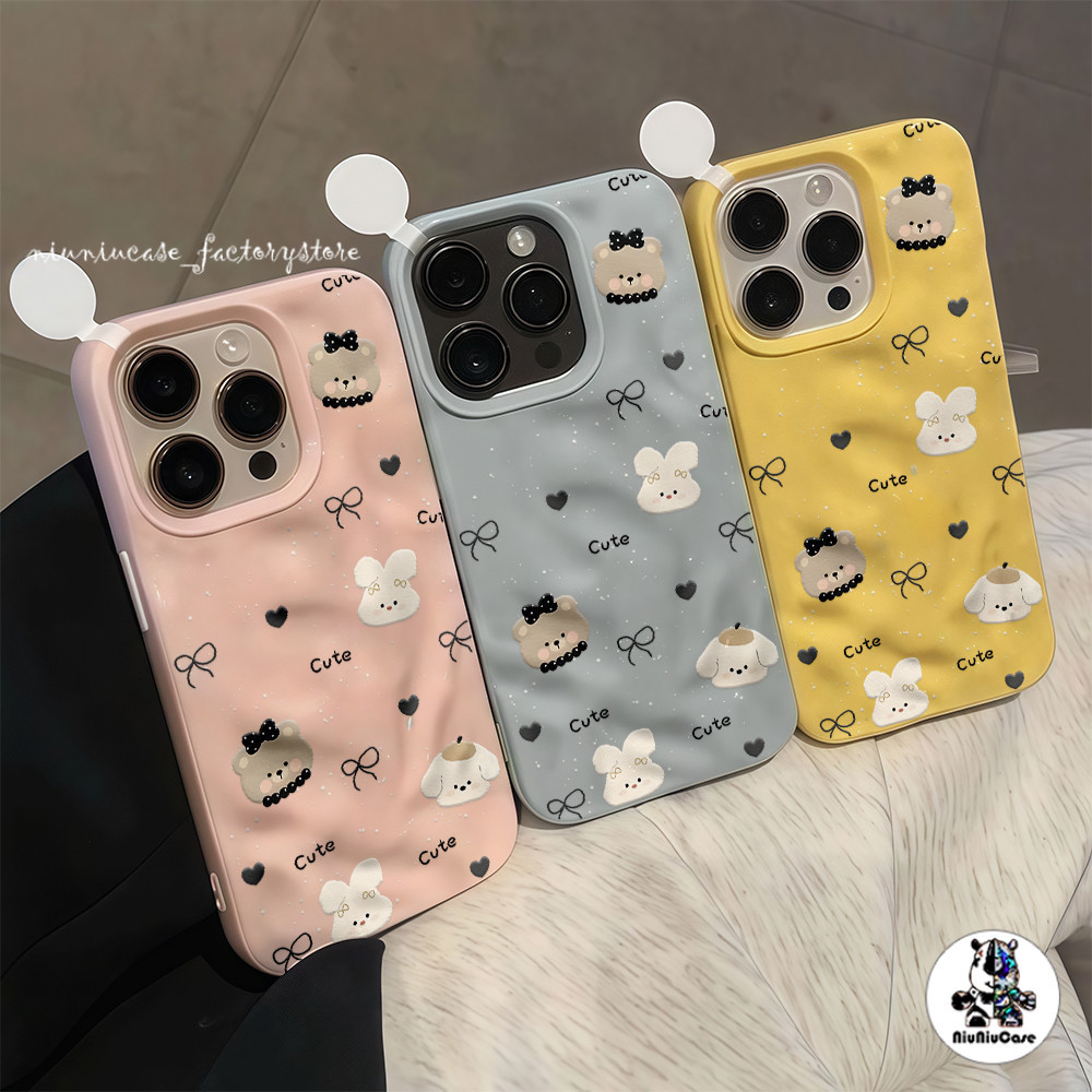 หมีน้อยโบว์ผูก เคส For IPhone 17 16 15 14 13 12 11 Pro Max X XR XS Max 7 8 Plus สีลูกกวาดคลื่นริ้วรอยเคสโทรศัพท์สําหรับ