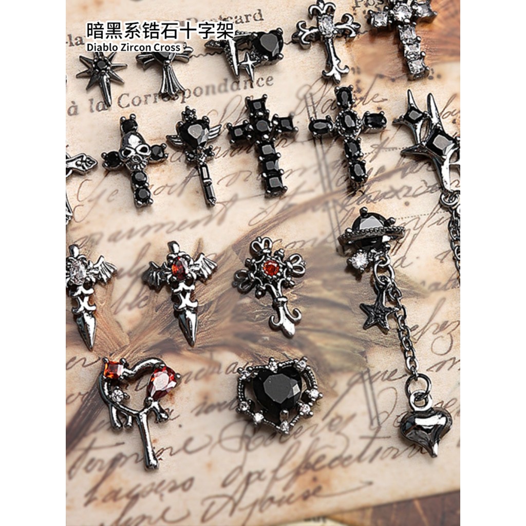 Dark Series ฝังสีดํา Strobe Diamond Cross Sweet Cool Retro งูเพทายเครื่องประดับแต่งเล็บ G4620