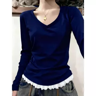 【S-2XL】【การจัดส่งสินค้าในกรุงเทพฯ】เสื้อแขนยาวตัววีคอฝอยมีขอบลายลาเซอร์สำหรับหญิง ที่สวมสวยลดขนาด และเข้ากับทุกสิ่งได้