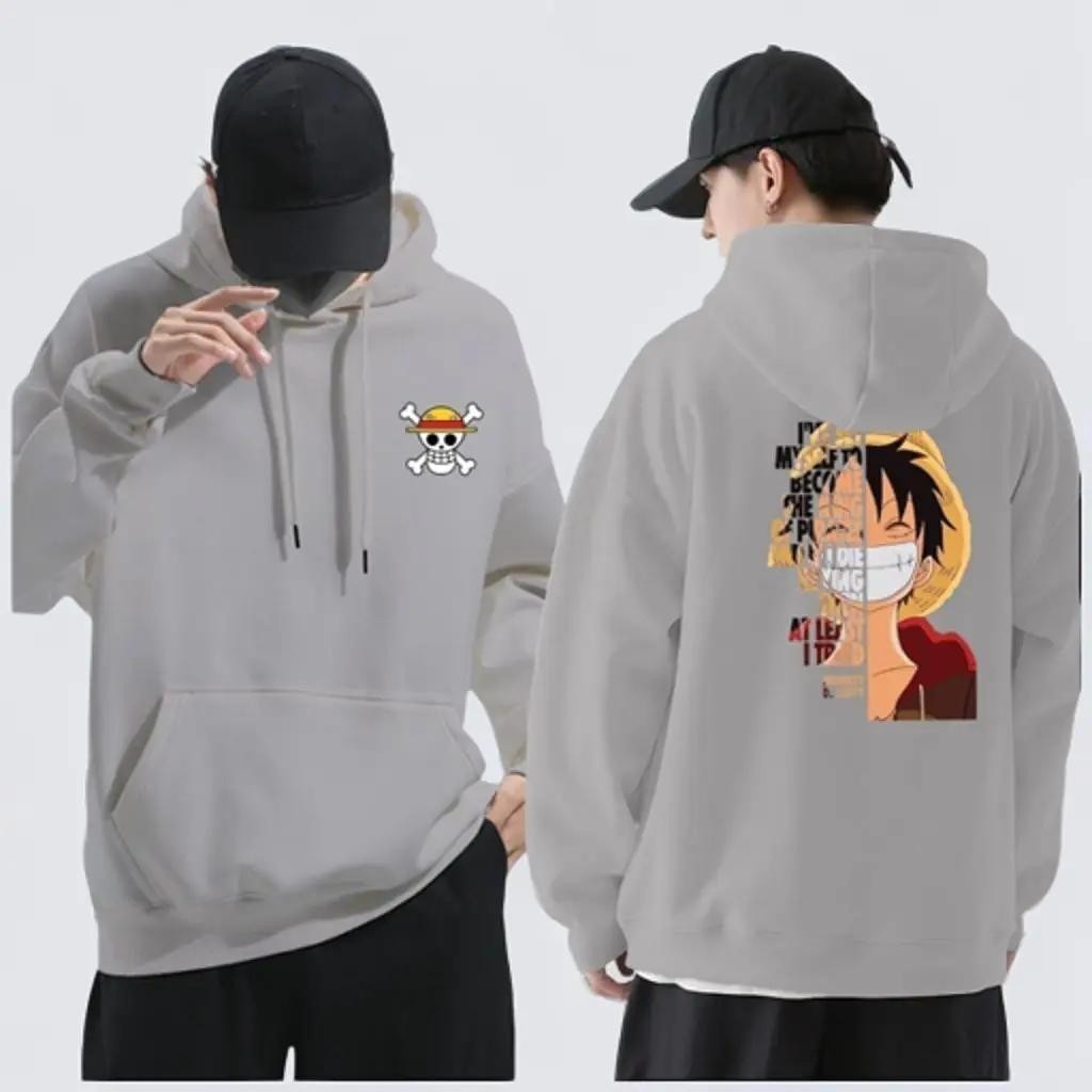 ใหม่ One Piece Luffy Smile Hoodie อะนิเมะพิมพ์ Pullovers Hoodie Baju Streetwear Hoodie Man Baju Hood