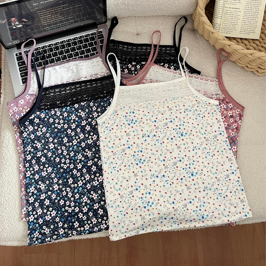 #482 เสื้อสายเดี่ยวลายดอกไม้ สีสดใสน่ารักมากใส่สบาย  แต่งลูกไม้ เกาหลีเกาใจ ทันสมัย เซกซี่ น่ารัก ราคาถูก