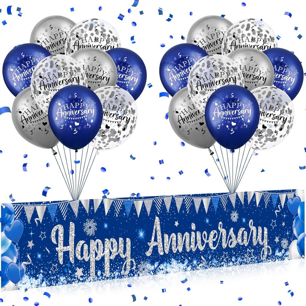 Blue Happy Anniversary ตกแต่งสําหรับผู้ชายผู้หญิง, Silver Blue Happy Anniversary Banner และลูกโป่ง 1