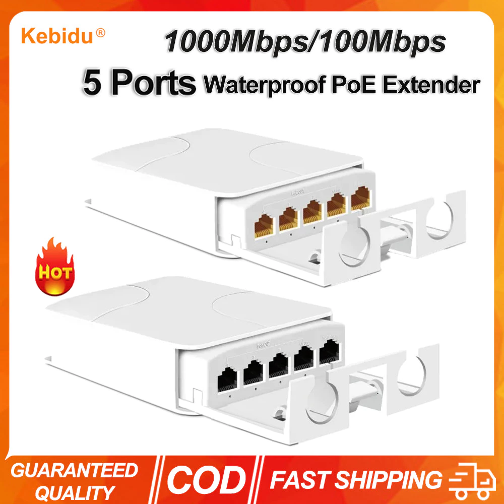 (ส่งจากไทย) 1000Mbps 5 พอร์ต PoE Extender Repeater กันน้ํา Gigabit PoE Booster 1 ถึง 4 สวิตช์เครือข่าย PoE Extender สําหรับ IPC/NVR กล้องวงจรปิดติดตั้งกลางแจ้ง