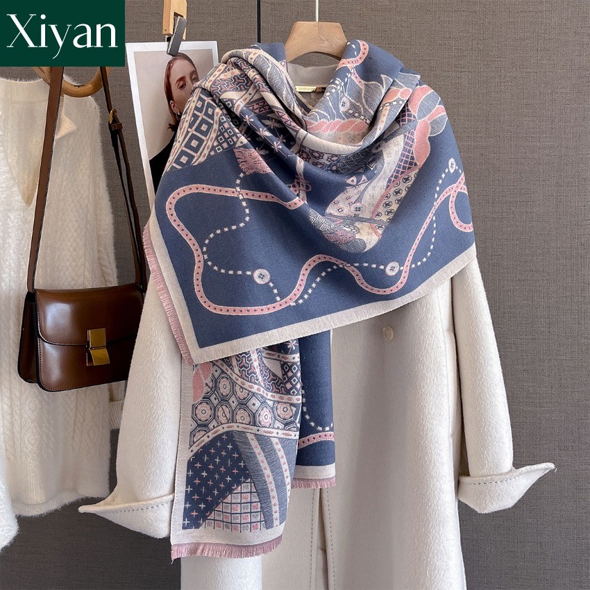 ผ้าคลุมไหล่พิมพ์ลายวินเทจสำหรับผู้หญิง -material similar to cashmere-
