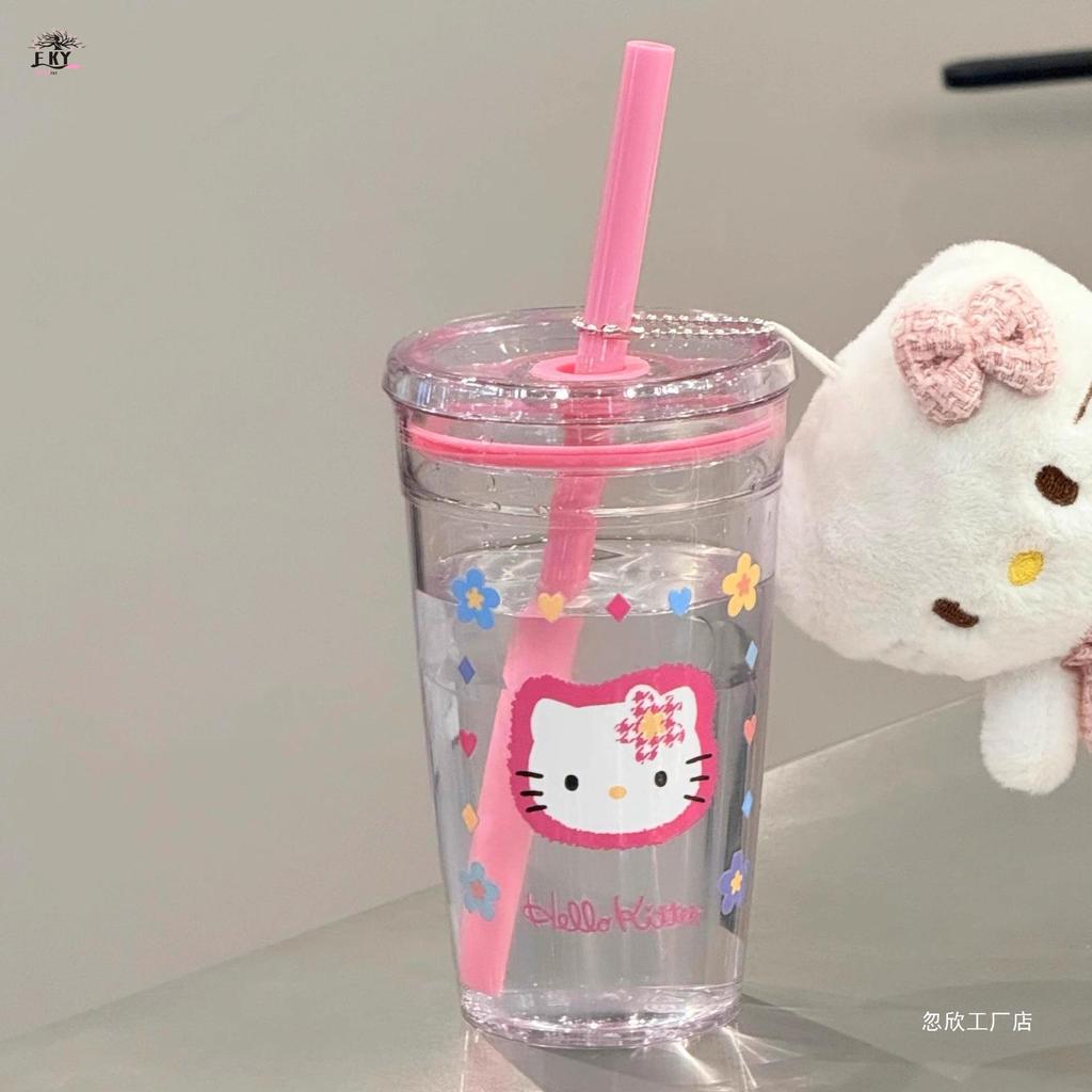 ถ้วยพลาสติกโบว์ สวัสดี คิตตี้ น่ารักพร้อมฝาปิด - แก้วน้ําเครื่องดื่มเย็นความจุขนาดใหญ่สําหรับฤดูร้อน