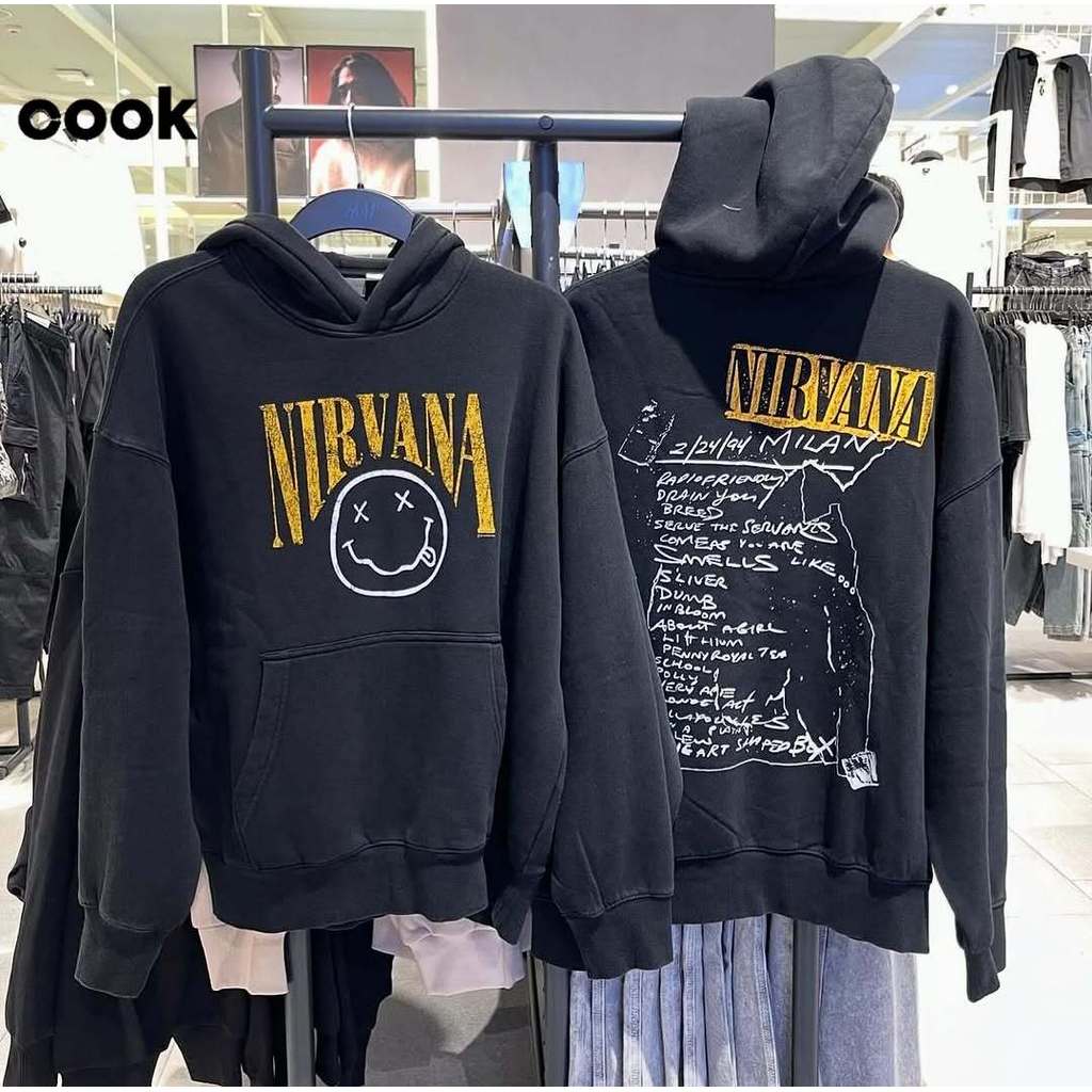 เกาหลี วินเทจ เสื้อแขนยาว เสื้อ oversize ผลิตจากผ้าฝ้าย พิมพ์ลาย nirvana เหมาะ ผู้หญิง และ ผู้ชาย