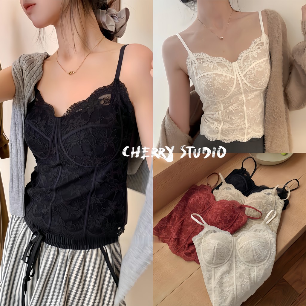 Cherry🎀 พร้อมส่ง👙เสื้อกล้ามทรงเซ็กซี่เร้าใจ คอร์เซ็ทลูกไม้ฝรั่งเศสปรับตะของานดีเสื้อกล้าม เสื้อคอร์เซ็ทลูกไม้