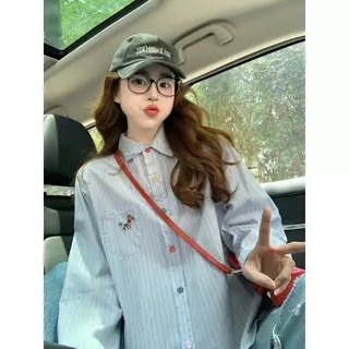 BG#เสื้อเชิ้ตแขนยาว ปักลายทางและลายสก็อต ทรงหลวม เก๋ไก๋ ลำลอง สไตล์เกาหลี จัดส่งจากประเทศไทยW656-661