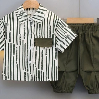 เสื้อเชิ้ตแขนสั้นลายทางสไตล์เกาหลีสำหรับเด็กผู้ชาย ระบายอากาศได้ดี เย็นสบาย เหมาะสำหรับใส่ไปทะเล มีเสื้อแถมมาด้วย 1 ตัว