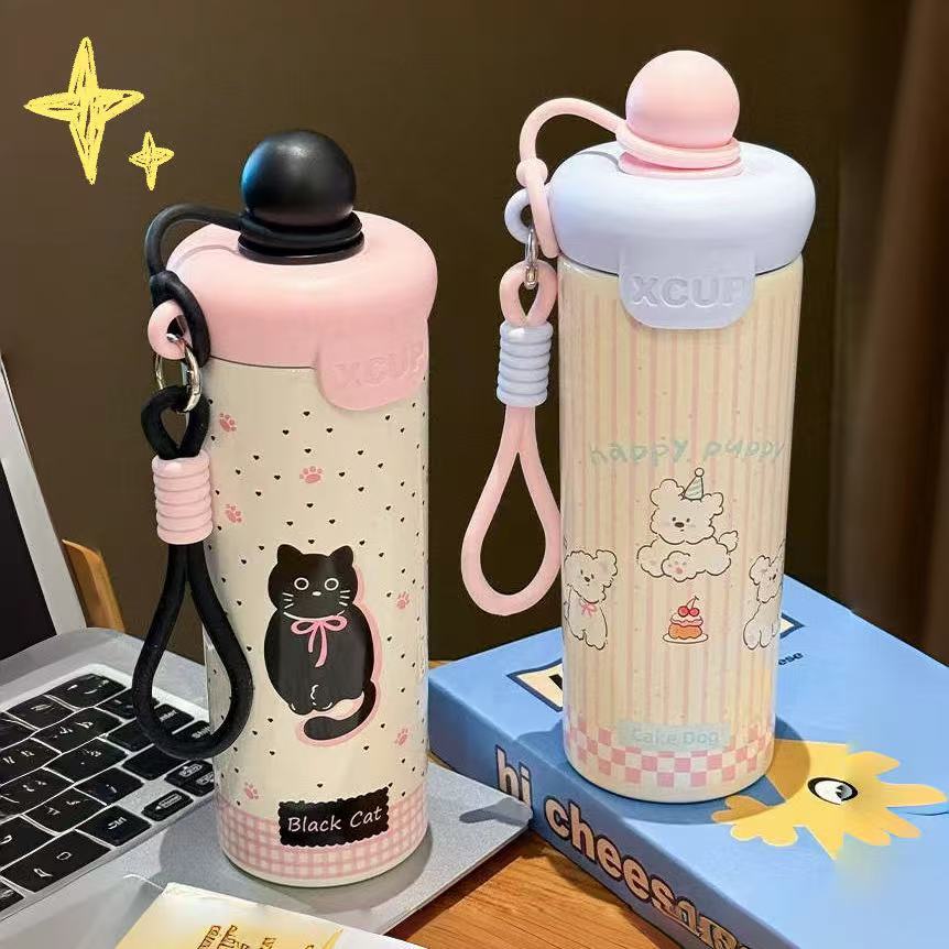 แก้วเก็บความร้อนเย็น สแตนเลส316 ขนาด600ML มีหลอดดูดพร้อมฝาปิด สีมาคาฮอน ลายน่ารักถือถนัด KKHOME