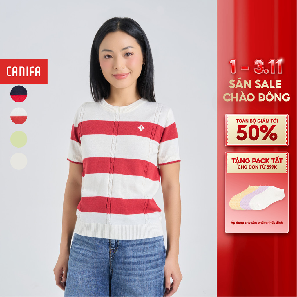 CANIFA เสื้อสเวตเตอร์ผู้หญิงลายเชือก คอกลม แขนกุด 6TE24W005