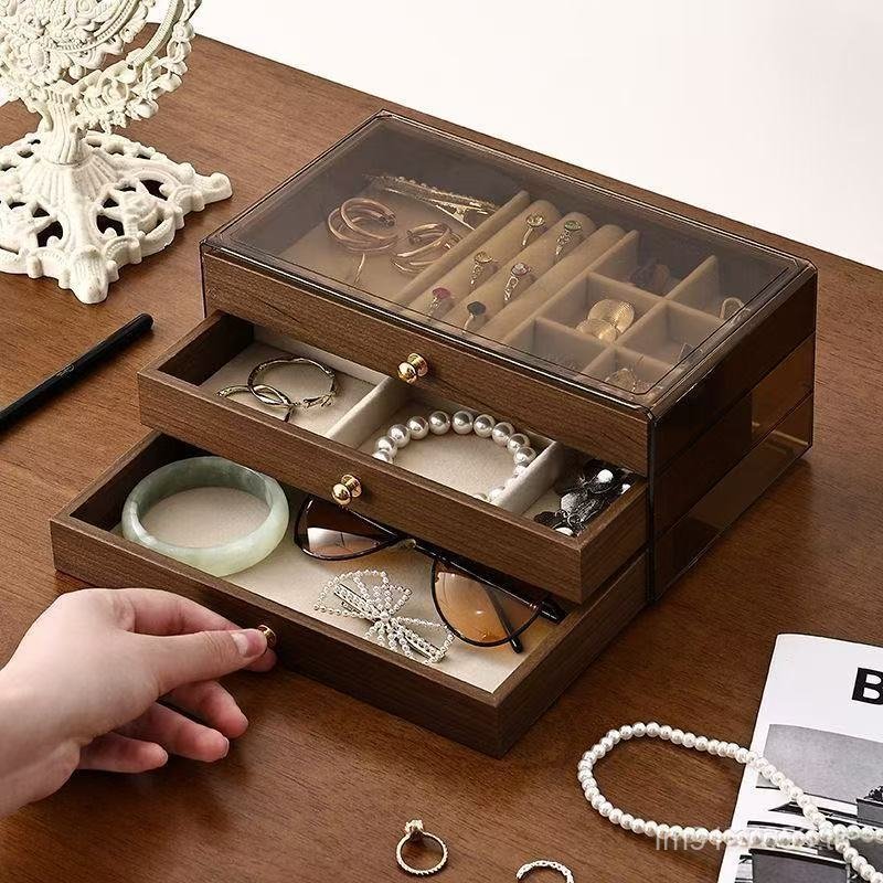 Retro กล่องเครื่องประดับสร้อยคอแหวนกล่องเครื่องประดับกล่องเก็บเครื่องประดับ Multi-Grid วอลนัทในครัวเ