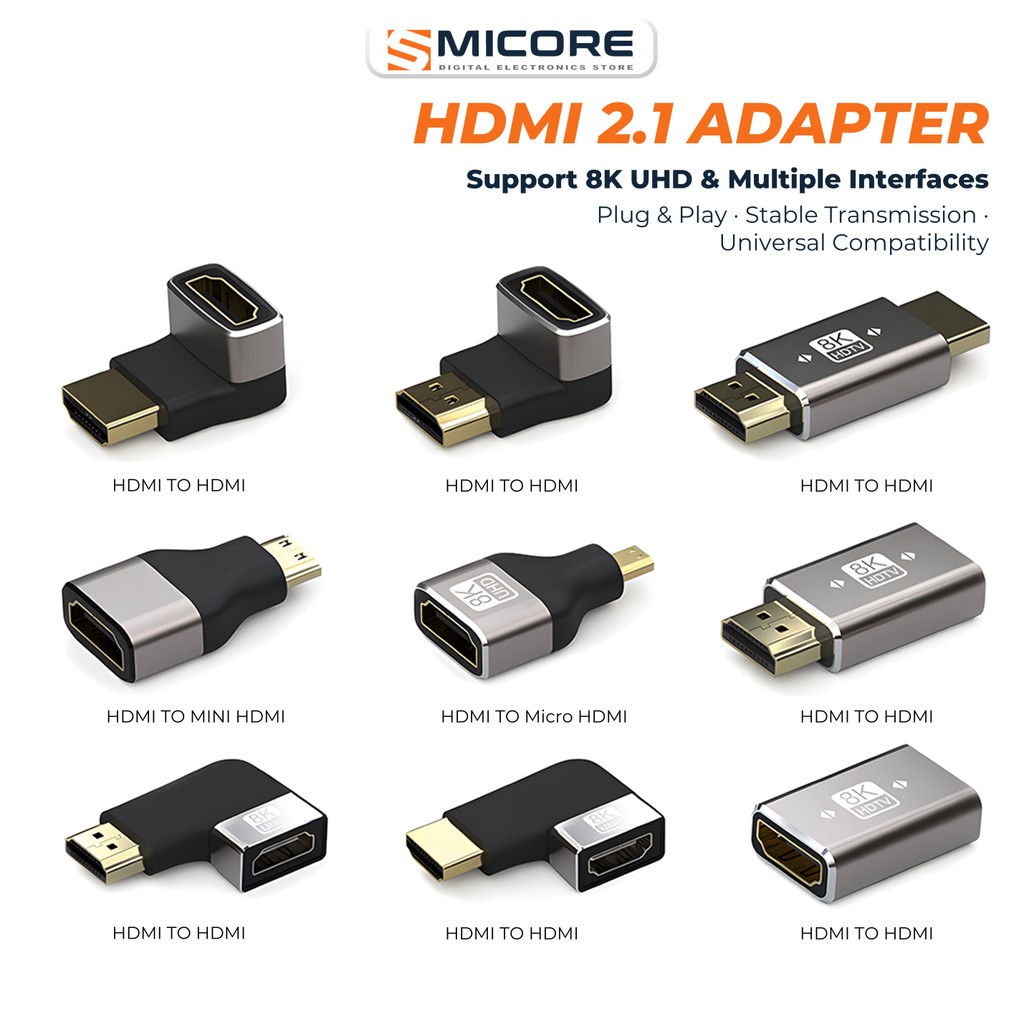 อะแดปเตอร์ HDMI 8K60/4K Mini/Micro HDMI→HDMI + ข้อต่อ HDMI เมีย-เมีย / หัวงอ 90°