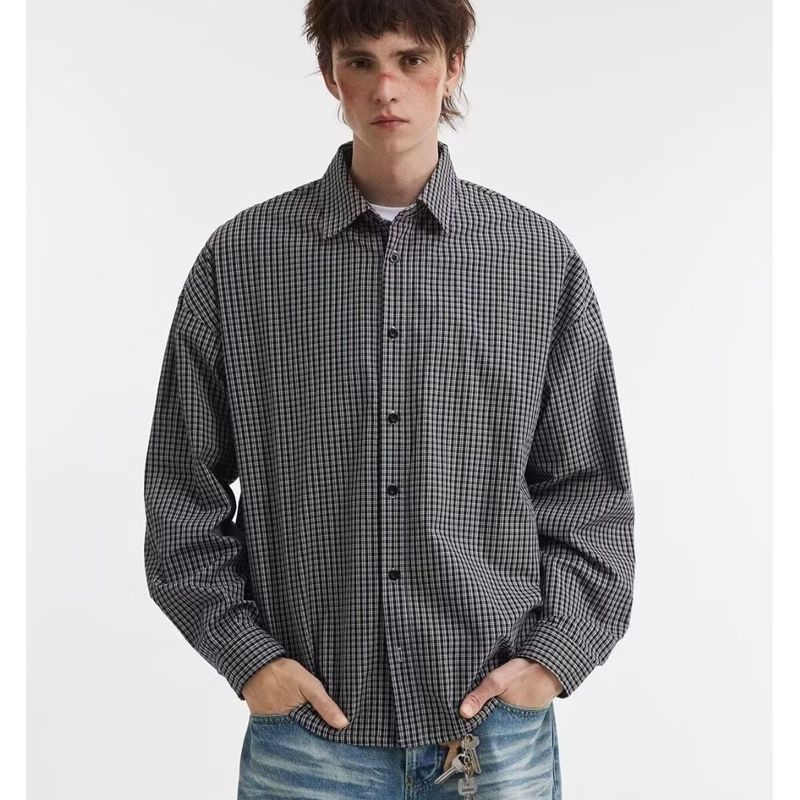 เสื้อเชิ้ตลายหมากรุกสไตล์เกาหลี ไม่ยับ เหมาะสำหรับใส่ทุกวัน