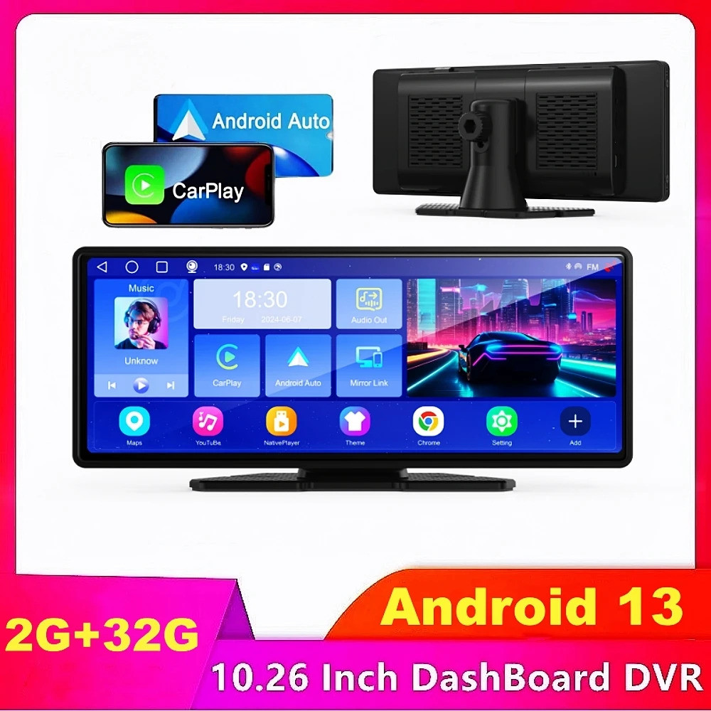 10.26 นิ้ว 2g + 32g Android 13 รถ Dvr ไร้สาย Carplay และ Android Auto Mirror Link Dash Cam Gps นําทา