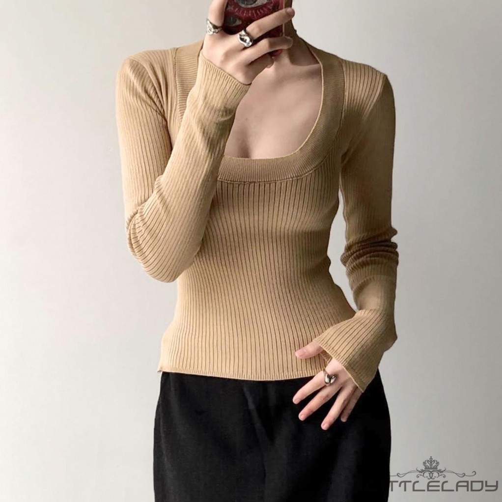 LTL - เสื้อถักแขนยาว คอยูแขนกุด ทรงหลวม สไตล์เก๋