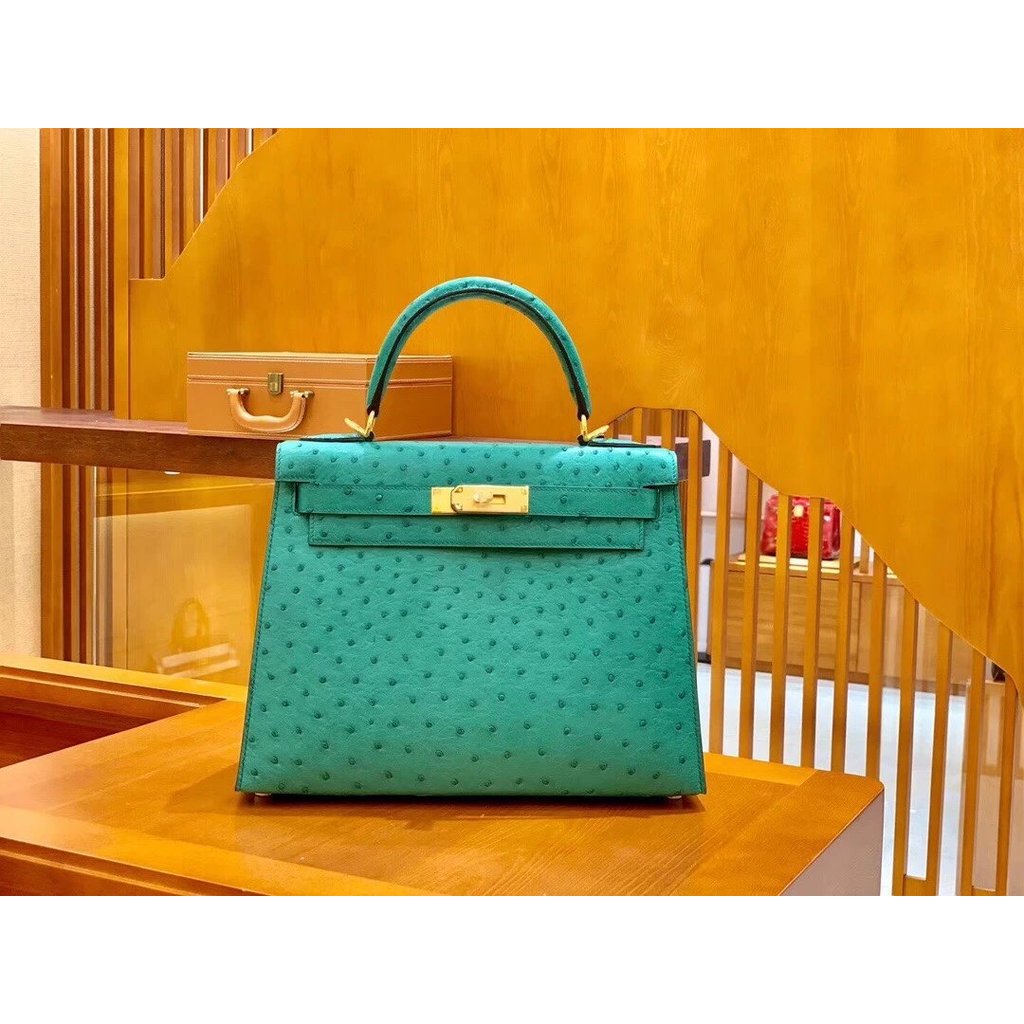 Kelly28cm ไม้ไผ่สีเขียว South African KK เกรดหนังนกกระจอกเทศด้ายขี้ผึ้งเดิม ** Hand-Sewn กระเป๋าถือ 