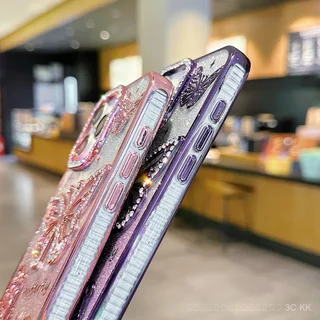 กันกระแทก iPhone ลายผีเสื้อปะดับคริสตัลทรงนูน พื้นผิวสีเงินแวววาว สำหรับ 17/15/14/13 Pro Max/Plus