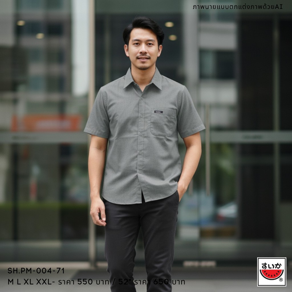 เสื้อแตงโม (SUIKA) แบบ: คอปกแขนสั้นสีพื้น ติดอาร์มกระเป๋า ผ้าอ็อกฟอร์ด (ผ้าไม่ยืด)(SH.PM-004 ) — صورة 3