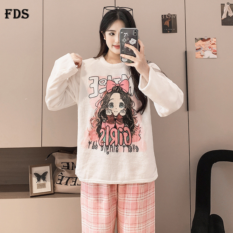 FDS ฤดูใบไม้ร่วงฤดูหนาวสุภาพสตรี Flannel รอบคอการ์ตูนแขนยาวชุดนอนนักเรียนสาวน่ารักหลวม 5KZL ZCA8