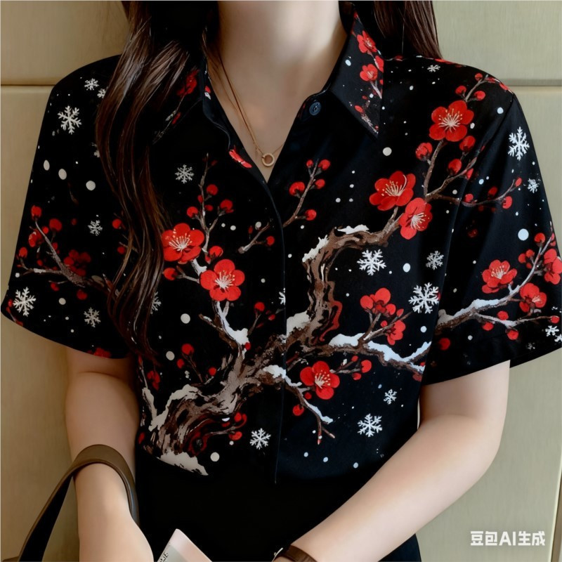 เสื้อแขนสั้นสไตล์โอเวอร์ไซズสำหรับผู้หญิง พิมพ์ลายดอกไม้และกราฟฟิตี้ สีดำ เหมาะสำหรับใส่ลำลอง ราคา ถูกที่สุด ดีลบีเคเค แกลเลอรีภาพที่ 3