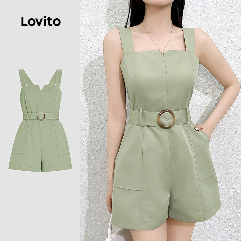 Lovito ชุดจั๊มสูทกระดุมสีพื้นแบบลําลองสําหรับผู้หญิง L132ED315