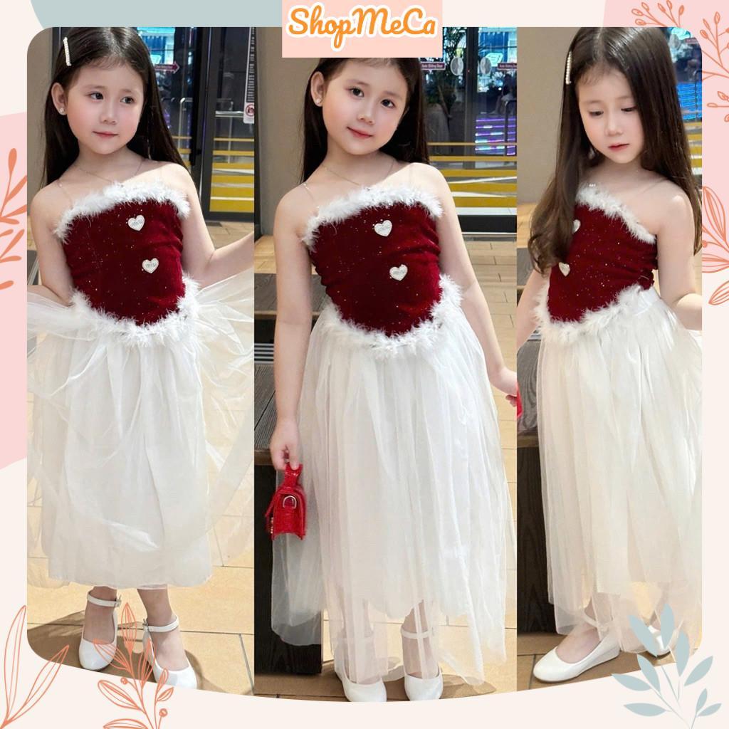 LT74, ชุดเสื้อคล้องคอยางยืดสีแดงมีกระดุมหัวใจและกระโปรงสีขาว 2 ชั้นสําหรับเด็กผู้หญิงใส่คริสต์มาส