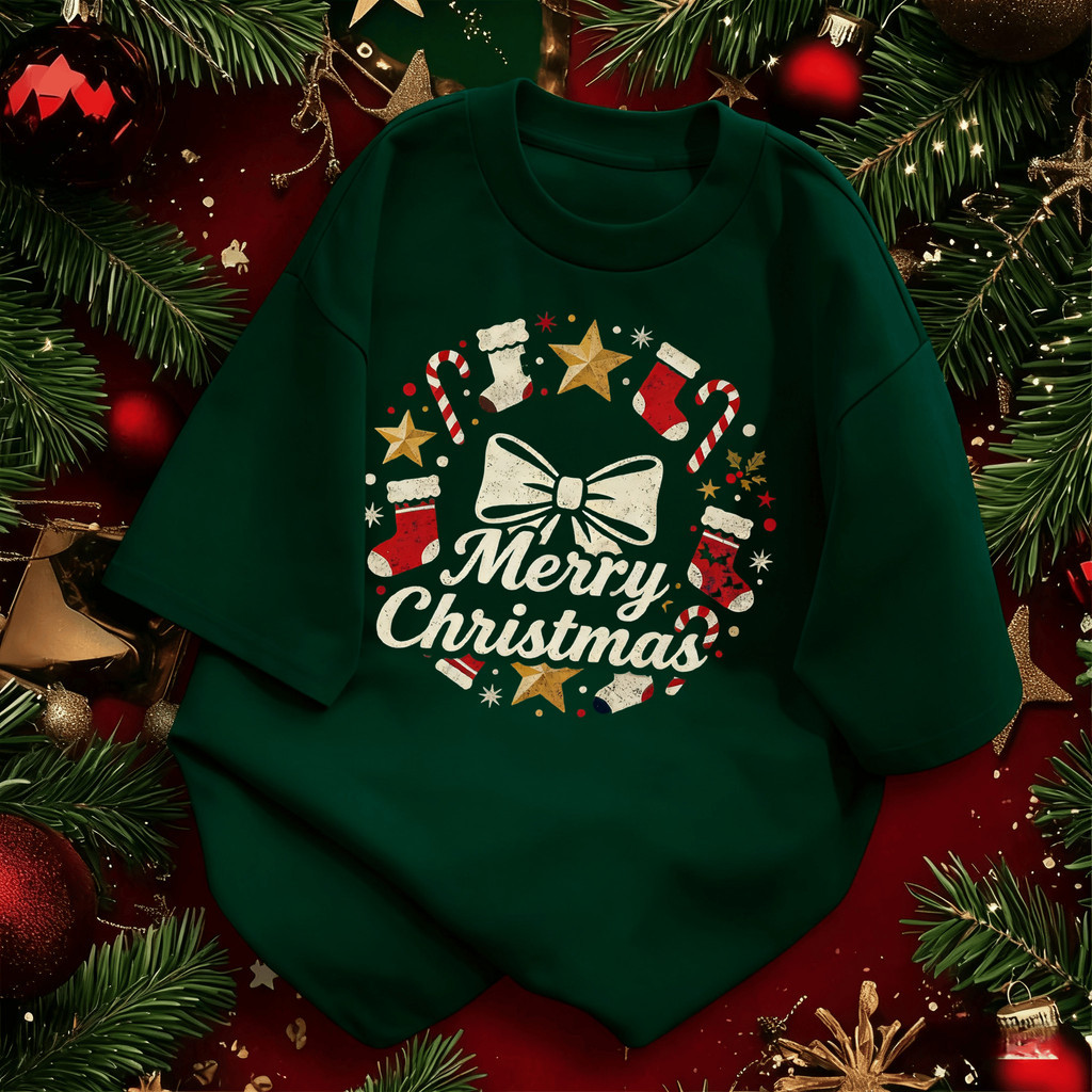 🔔🎄ส่งจากไทย🎁🎀เสื้อยืดคอกลมพิมพ์ลายคริสต์มาส แบบยูนิเซ็กซ์ เนื้อผ้าสวมใส่สบาย oversized style S-3XL