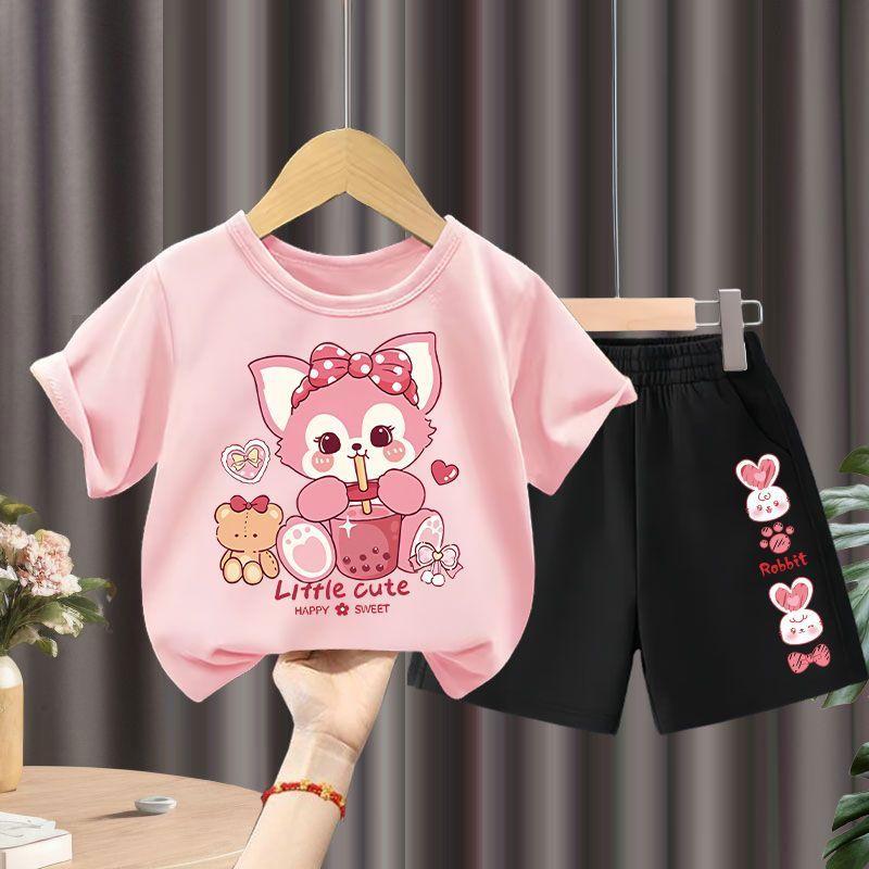 【จัดส่งจากประเทศไทย】ชุดเด็กผู้หญิง, เสื้อยืดแขนสั้นสำหรับเด็ก, ชุดสองชิ้น, กางเกงขาสั้นลำลองสำหรับเด็กผู้หญิง, เทรนด์เกา