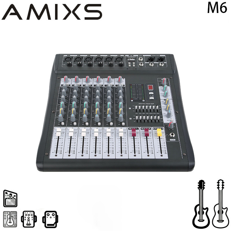 AMIXS Professional 6 ช่องคอนโซลผสม USB และ Reverb Stage Performance งานแต่งงาน K เพลงอุปกรณ์ผสมเสียง