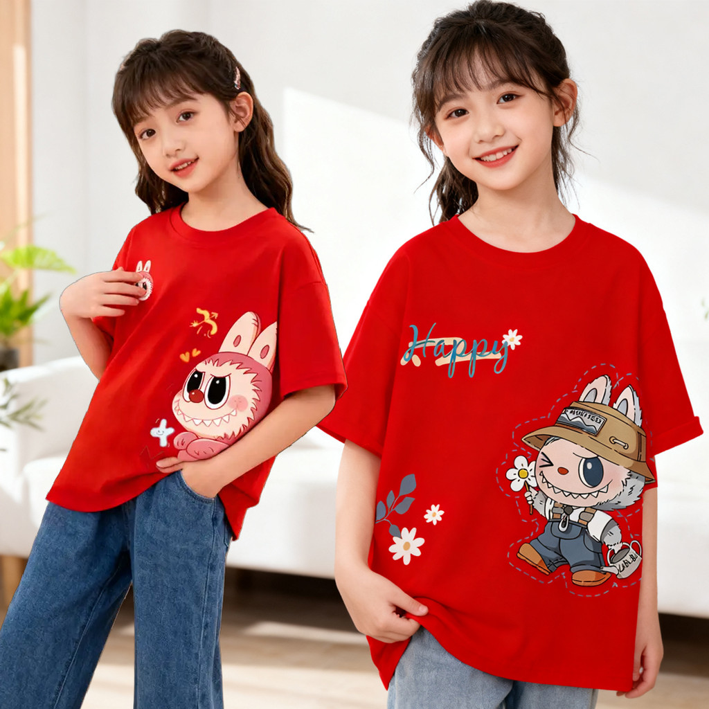 Christmas Party Red T-shirt for Kids Girls Cute Printed Design Cal Short Sleeve Blouse Tops 2568