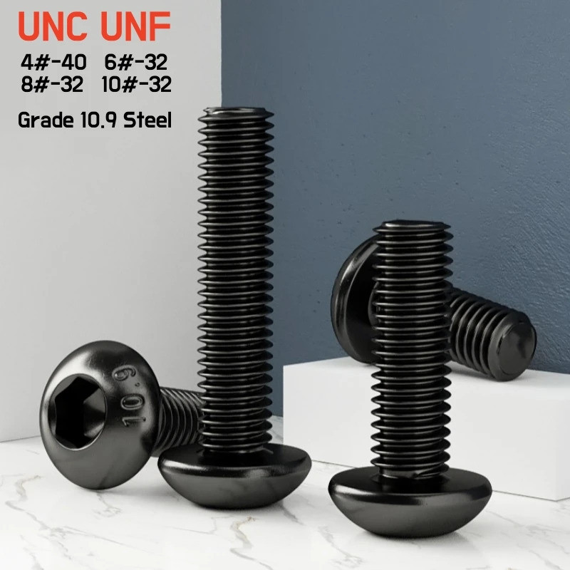 10/20pcs UNC 4#-40 6#-32 8#-32 UNF 10#-32 Black Grade 10.9 US Hexagon Socket Button Head Allen Screw