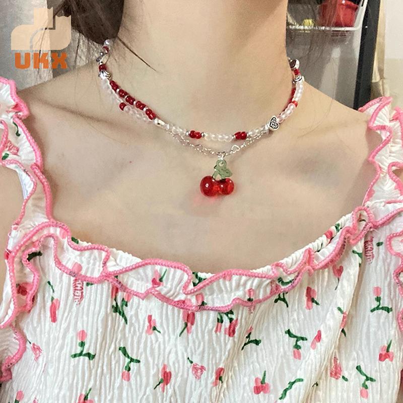 UKX Y2K Red Cherry Heart Beaded Choker Necklace, Vintage Irregular Necklace Jewelry VN
